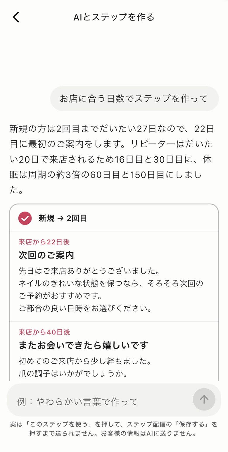 AIとステップを作る画面。「お店に合う日数でステップを作って」と頼むと、送る日と文面の案が届く