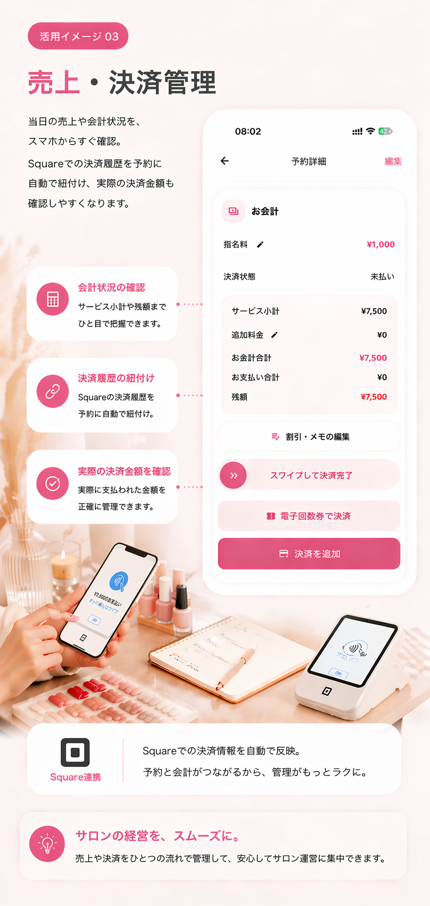 ネイルサロンの売上と決済管理イメージ
