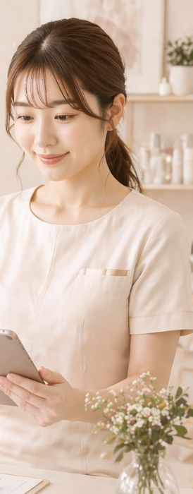 エステサロンで端末を確認するオーナー