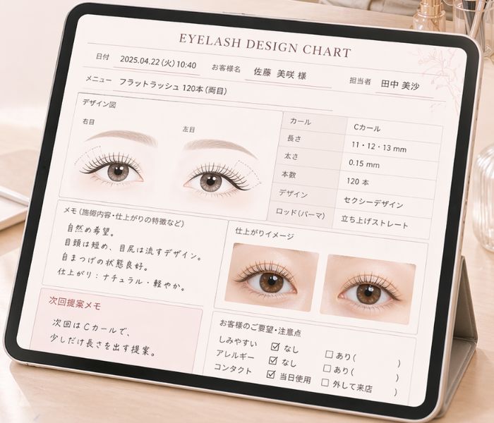 デザインや施術内容を記録したカルテ活用例