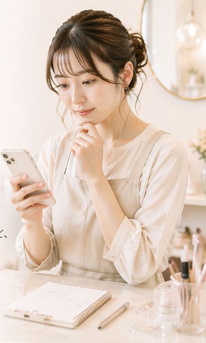 アイラッシュ・アイブロウサロンで端末を確認するオーナー