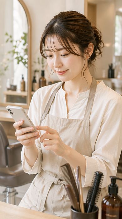 ヘアサロンで端末を確認するオーナー