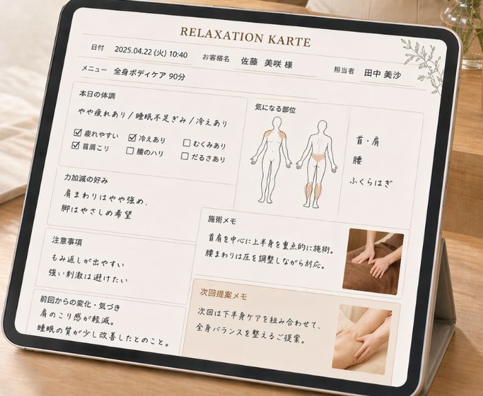 施術内容や体調を記録したリラクゼーションのカルテ活用例