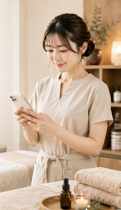 リラクゼーションサロンで端末を確認するオーナー